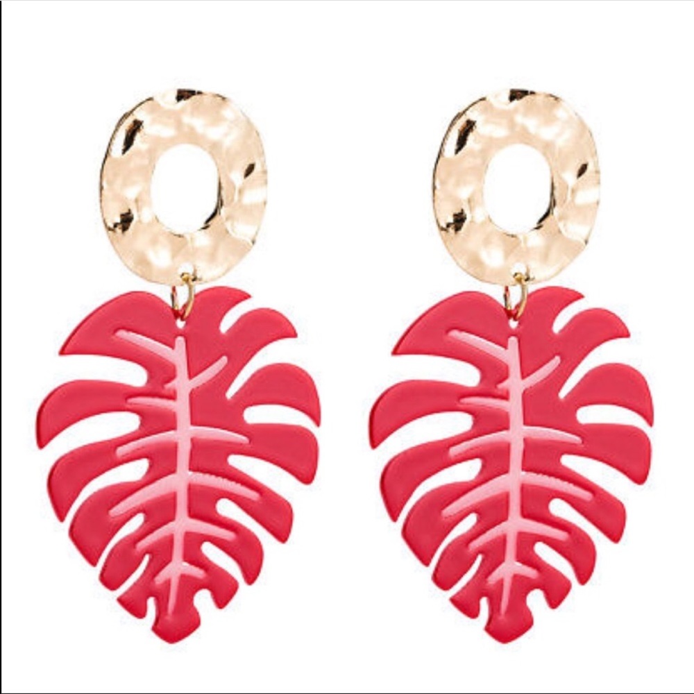NWT 🔥 Red Pink Gold Palm Leaf Acrylic Earrings